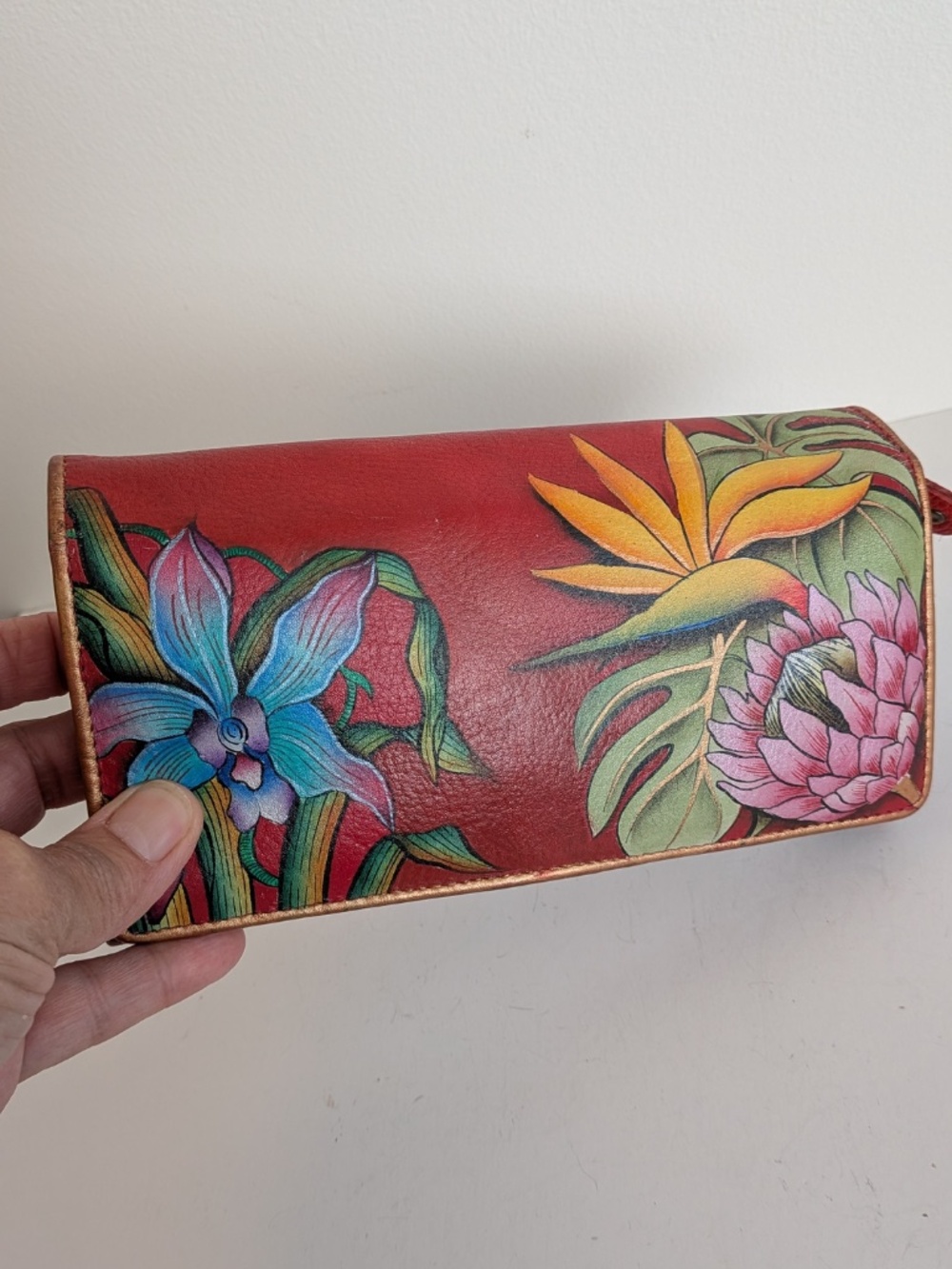 Anuschka hand-painted leather wallet Island Escape Red design tropical floral
